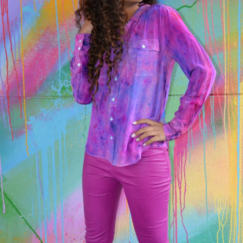 NEW JCrew silk painted tie dyed shirt pink blue purple red Medium 4 6 8 graffiti